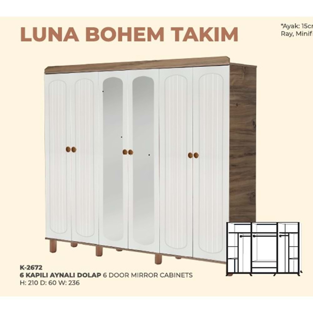 2672 LUNA BOHEM6 KAPI 2 ÇEKMECELİ GARDROP AYNALI