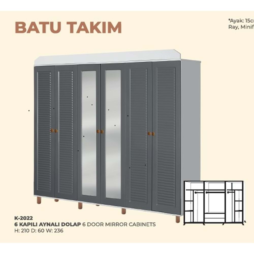 2022 BATUHAN 6 KAPI 3 ÇEKMECELİ GARDROP AYNALI (BK-GMK)