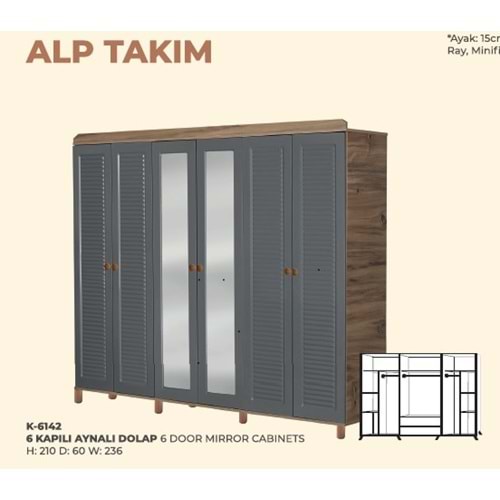 6142 ALPEREN 6 KAPI 3 ÇEKMECELİ GARDROP AYNALI (SMK-GMK)