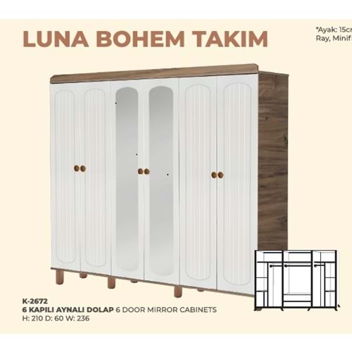 2672 LUNA BOHEM6 KAPI 2 ÇEKMECELİ GARDROP AYNALI