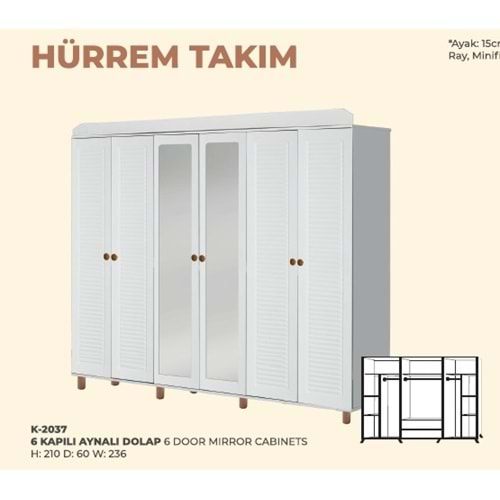 2037 HÜRREM 6 KAPI 3 ÇEKMECELİ GARDROP AYNALI (BK-BMK)